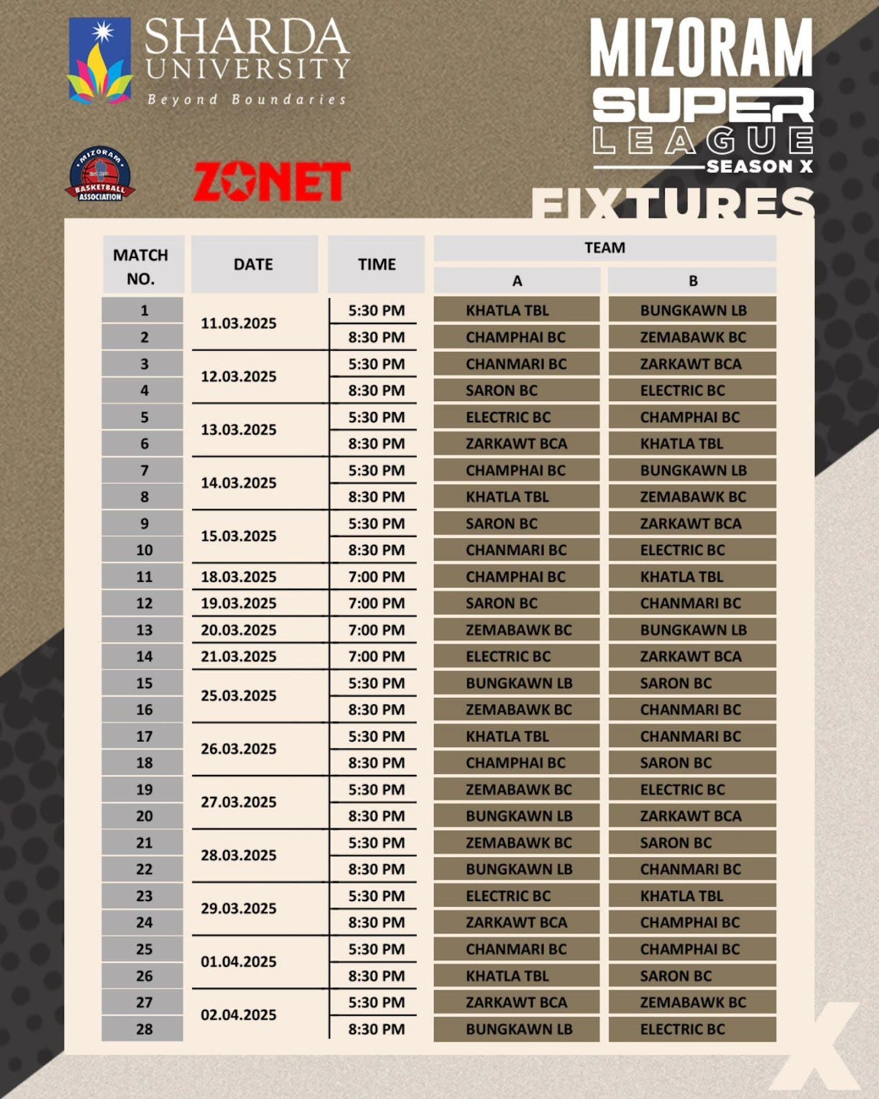 May be a graphic of text that says 'SHARDA UNIVERSITY Beyond Boundaries 150C1耳打138 ZONET MATCH NO. DATE MIZORAM SUPER LEAGUE SEASON EIXTURES TEAM TIME 2 11.03.2025 A 5:30 M 8:30 PM B 12.03.2025 PM 6 13.03.2025 7 8 8 8:30 14.03.2025 5:30 PM 8:30 PM 10 15.03.2025 5:30 PM 11 2025 12 13 19.03.2025 PM 14 20.03.2025 21.03.2025 15 16 17 25.03.2025 7:00 5:30 8:30 PM DMA PM DE 26.03.2025 19 20 27.03.2025 5:30 PM 21 8:30 28.03.2025 5:30 22 23 24 25 8:30 PM 5:30 PM 29.03.2025 8:30 PM 01.04.2025 26 27 PM 8:30 28 02.04.2025 5:30 PM 8:30 PM'