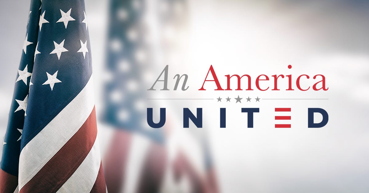 Alt text: "American flag displayed on the left with the text 'An America United' beside it, symbolizing a call for national solidarity and collective purpose.