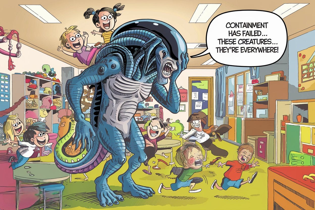 Cartoon illustration: The Xenomorph stands in the middle of a chaotic daycare, surrounded by energetic children who are climbing on him and running around wildly. The Xenomorph looks overwhelmed, holding its head as if stressed. The Xenomorph says, 'Containment has failed...these creatures...they’re everywhere!' The daycare is filled with toys, bright colors, and child-sized furniture.