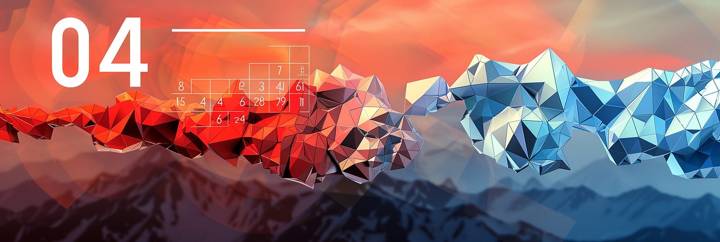 A digital artwork showcasing abstract, geometric shapes in red and blue against a mountain backdrop with a warm sky, featuring a calendar grid and the number "04" prominently displayed, representing a blend of technology and nature.