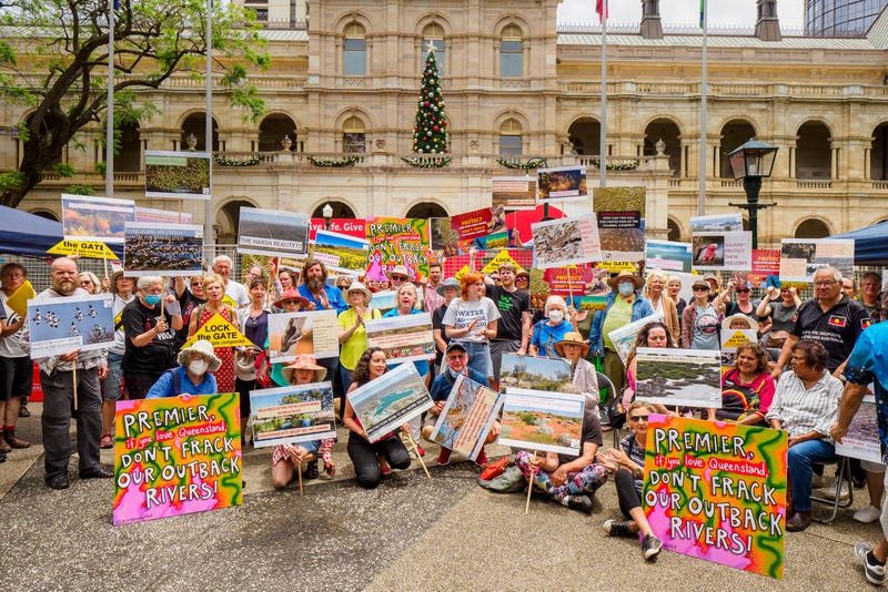 Photo of a group of people gathered outside of Qld Parliament House November 2022, with lots of colourful signs