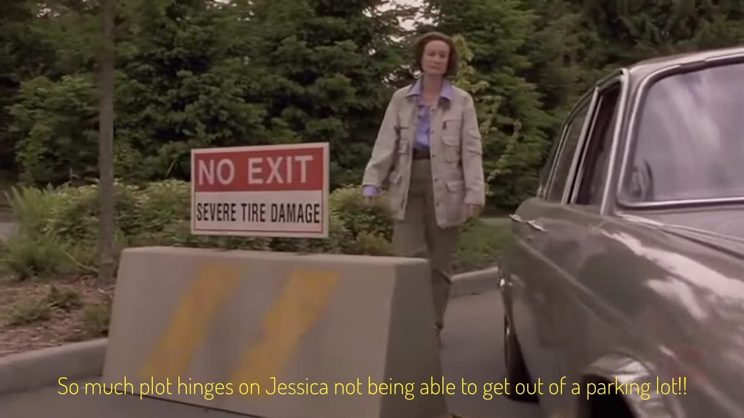 Jessica, a patrician white woman in a field jacket, standing next to her Jaguar and its flat tires, and a sign reading "NO EXIT SEVERE TIRE DAMAGE", captioned "So much plot hinges on Jessica not being able to get out of a parking lot!!"
