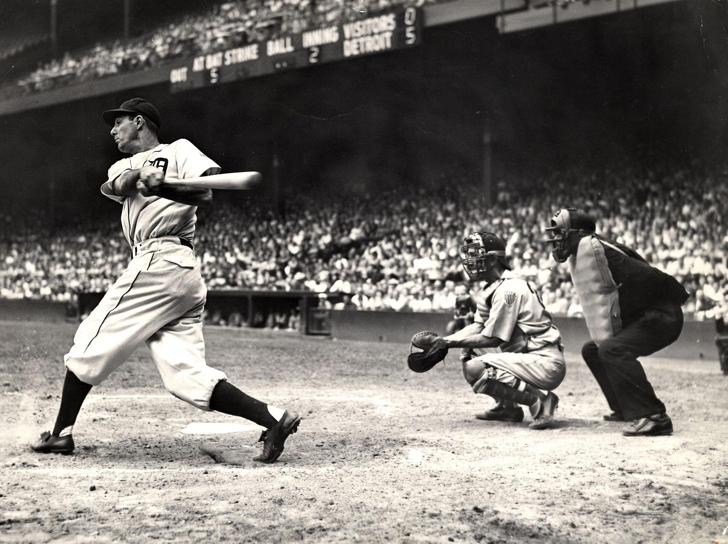 (From August of 1945) Detroit Tigers legend, first baseman Hank Greenberg swings at a pitch.