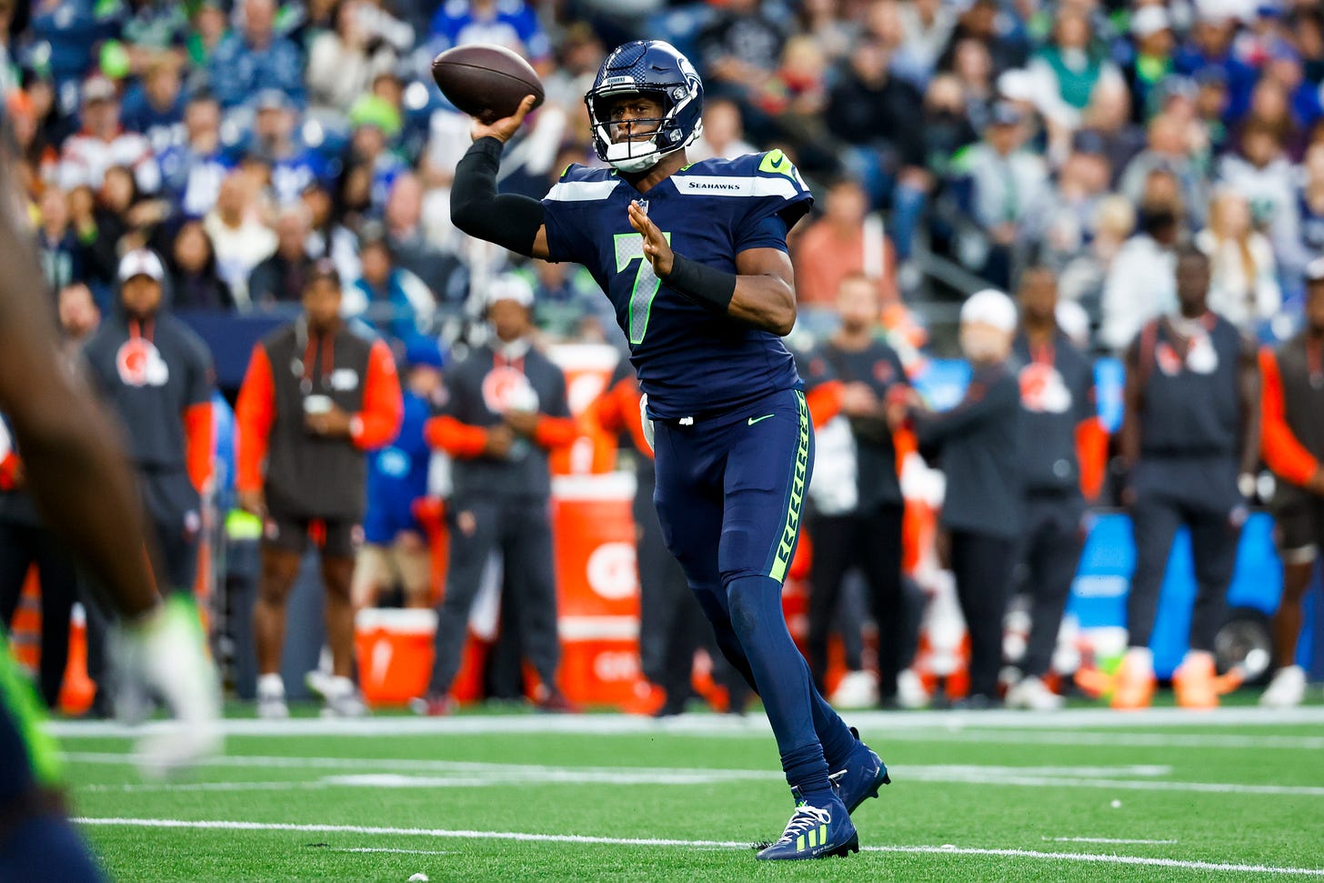 Aug 24, 2024; Seattle, Washington, USA; Seattle Seahawks quarterback Geno Smith (7) passes against the Cleveland Browns during the first quarter at Lumen Field. Mandatory Credit: 