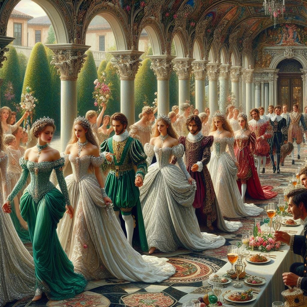 show me an outdoor Renaissance loggia in a garden with angelic girls dressed in pearls, emeralds, diamonds and rubies leading courtly gentlemen to a banquet