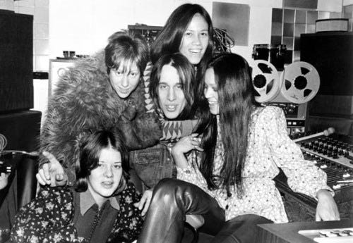 Fanny in the studio with producer Todd Rundgren, for 1973′s Mother Pride, by Linda Wolf