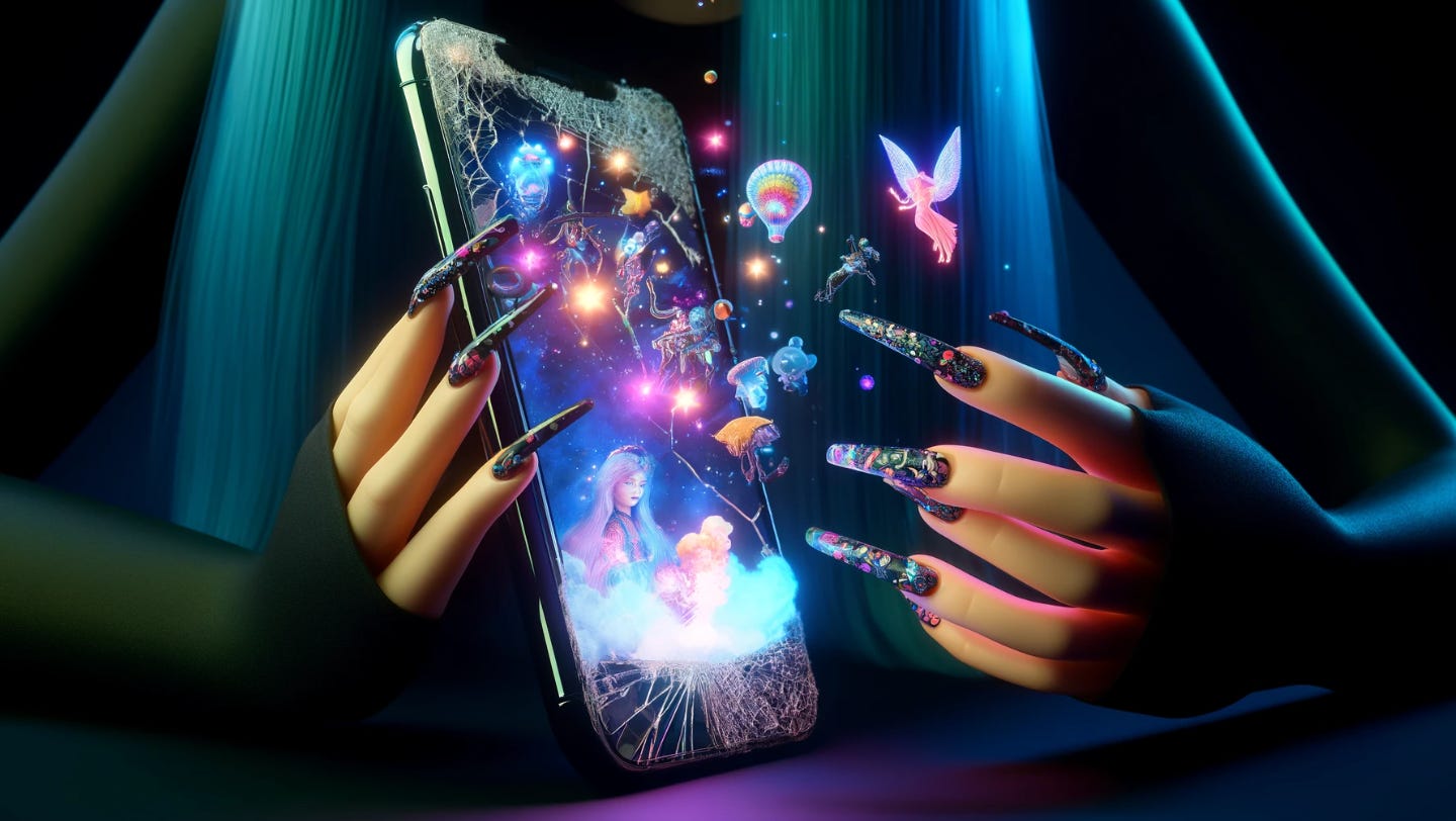 AI-generated image of a woman with long, fake nails holding a broken iPhone. The phone is experiencing a rebirth with ghosts, dreams, and aliens emerging from the smashed screen, creating a vibrant and otherworldly scene.
