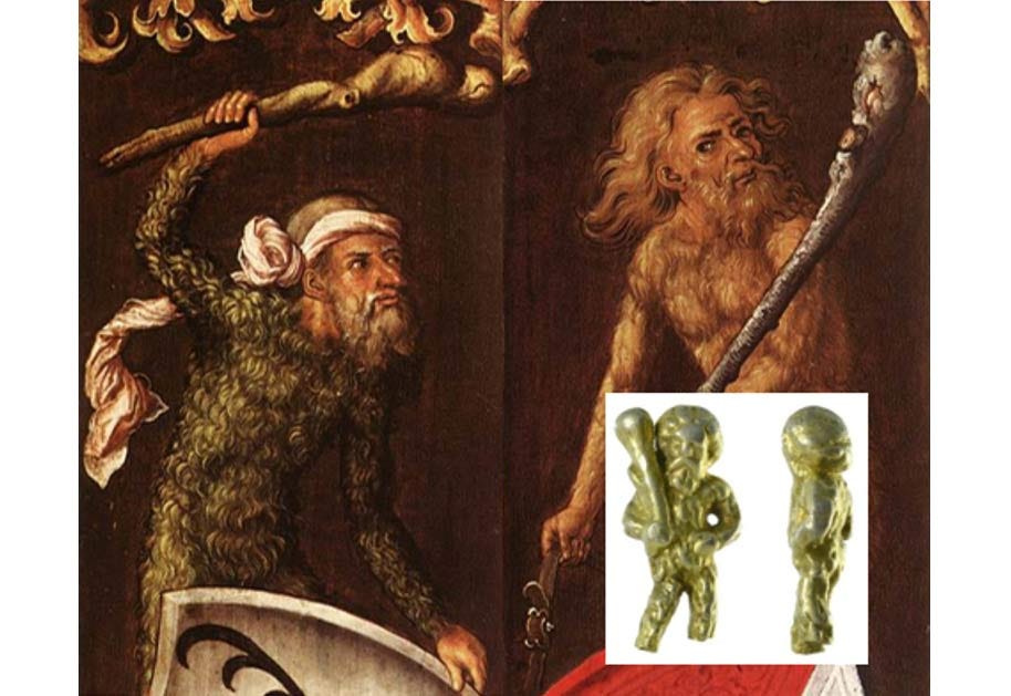 Main: A painting titled “Sylvan Men” by Albrecht Durer, 1499; “sylvan” means of the forest. (Wikimedia Commons). Inset: The Wild Man has a long history in humanity’s legends and myths. This photo shows the spoon handle found near Ipswich. (Photo by Suffolk County Council Archaeological Service)