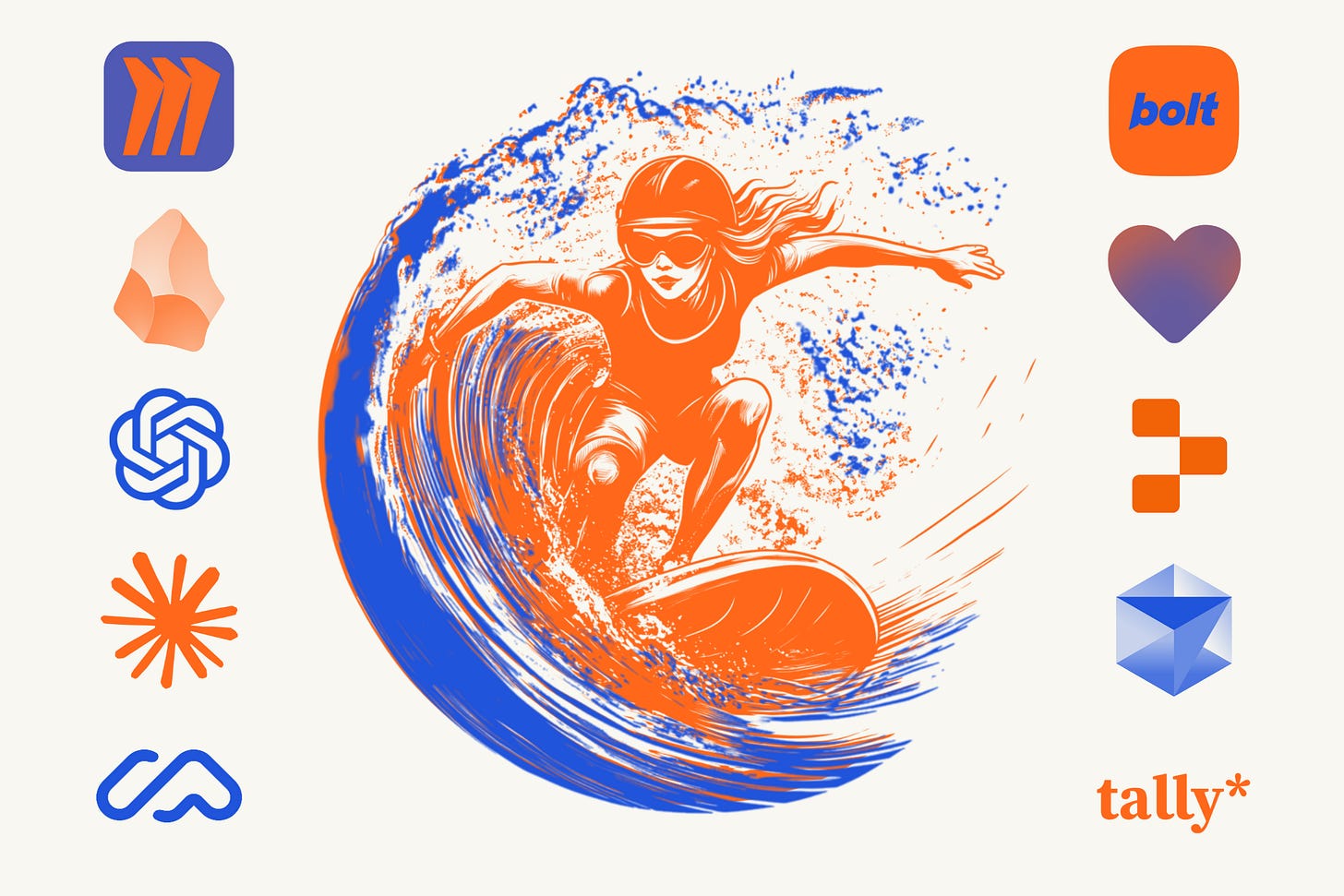 Illustration of a surfer riding a vibrant orange and blue wave, symbolizing momentum and creativity. Surrounding the wave are logos of various prototyping and AI tools, including Miro, Obsidian, OpenAI, Replit, Claude, Bolt, Lovable, Maze, and Tally—representing the ecosystem of platforms used in modern, AI-powered product development.