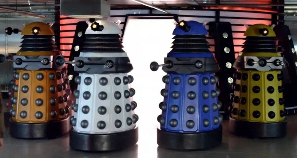 Four of the five The New Paradigm Daleks from Victory of the Daleks (2010)