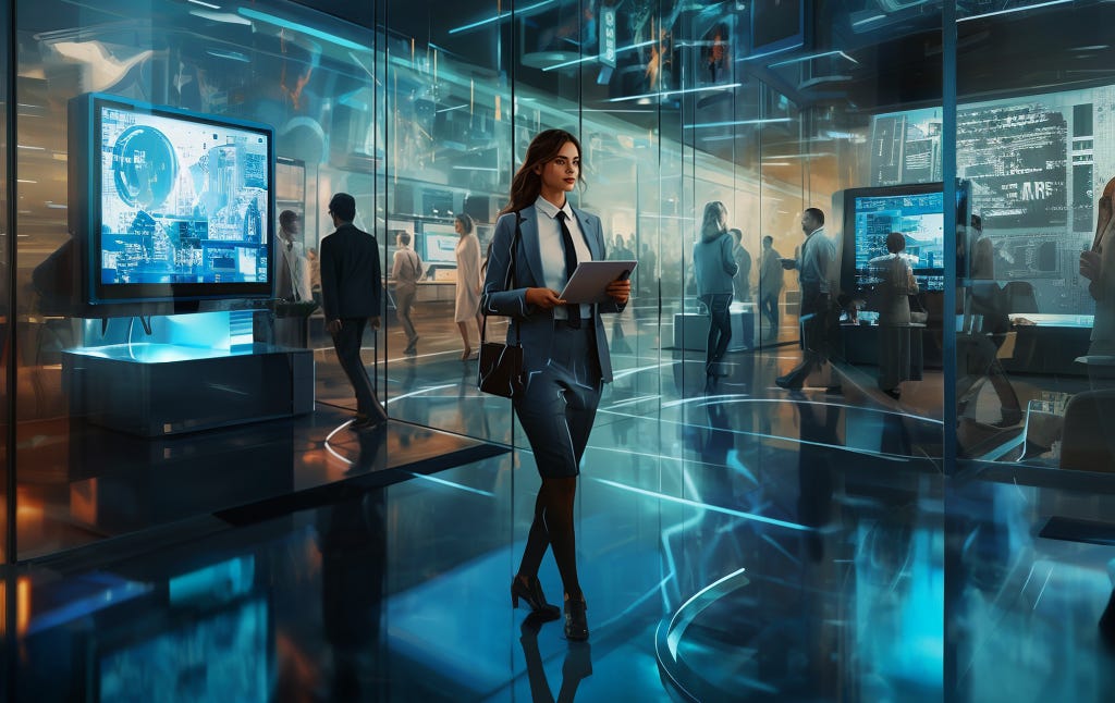 A woman walks into a futuristic office carrying a tablet computer. A number of people are working on computers in small groups in rooms separated by glass walls.