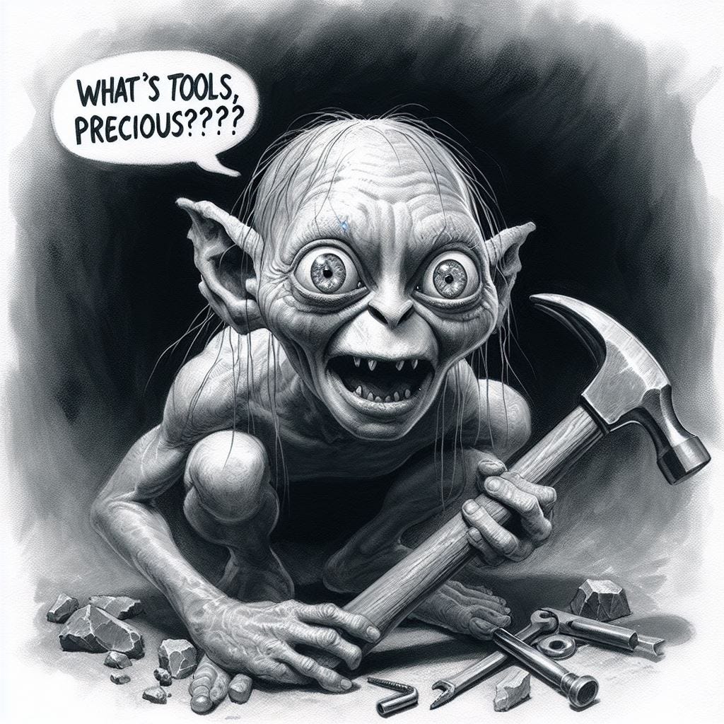 Gollum, holding a hammer, saying "What's tools, precious???"