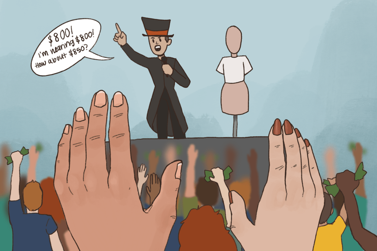 Illustration of an auction with a crowd full of people raising their hands at an auctioneer selling a plain white shirt for $800