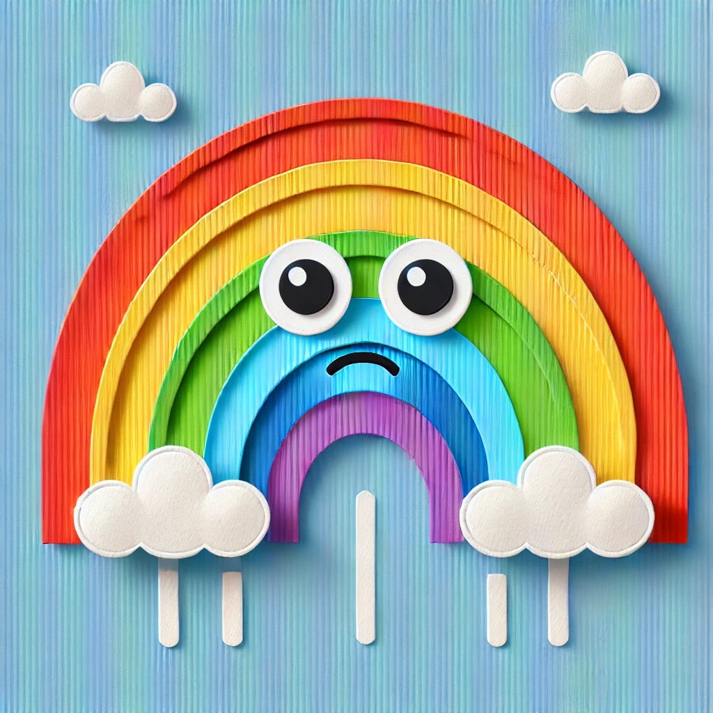 A colorful rainbow with a worried expression, designed in a playful and childish cut-out paper style. The rainbow has simple, slightly uneven layers, with each band in bright colors like red, orange, yellow, green, blue, and purple. The face of the rainbow is placed in the center of the arc, with wide eyes and a slightly frowning mouth to convey worry. The background is a simple, light blue sky with white, fluffy cut-out paper clouds. The overall image looks handmade with cut edges and textured paper details.