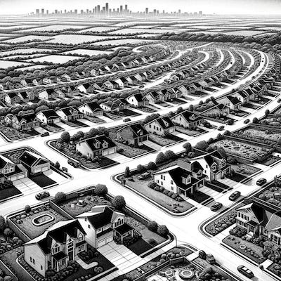 DALL·E 2024-01-19 20.54.20 - An aerial view of suburbs in the United States, rendered in a graphic style similar to a New York Times newspaper print. The image should capture the .png