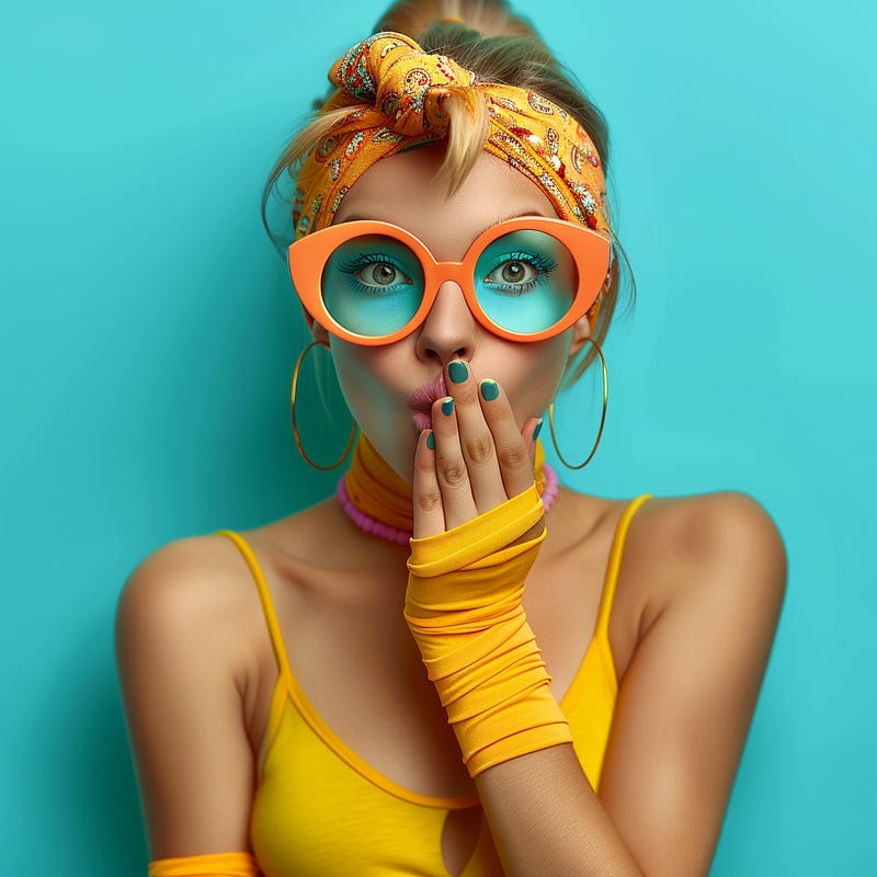 imagine a woman being angry, frowning, looking at the camera, with one hand covering her mouth, wearing eye glasses and accessories with contrasting vivid colors