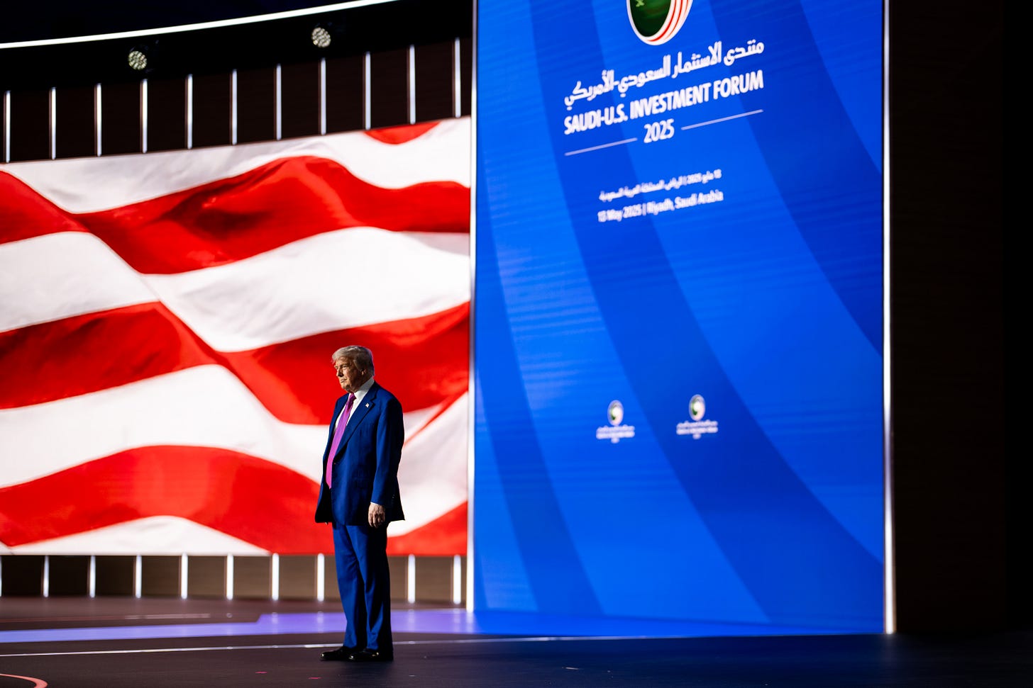 President Donald Trump delivers remarks at the U.S. - Saudi investment forum at the King Abdul Aziz International Conference Center, Tuesday, May 13, 2025, in Riyadh, Saudi Arabia. (Official White House Photo by Daniel Torok)