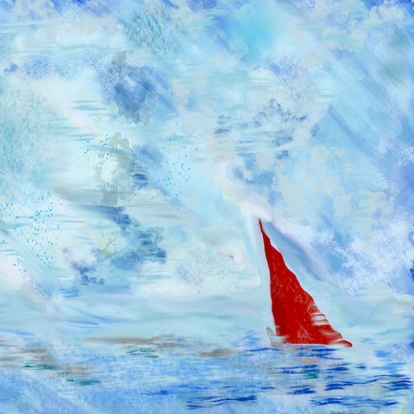 Ocean painting with red sail boat by Sherry Killam.