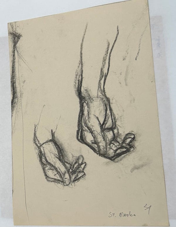 Sketch of two hands and wrists with curled fingers.