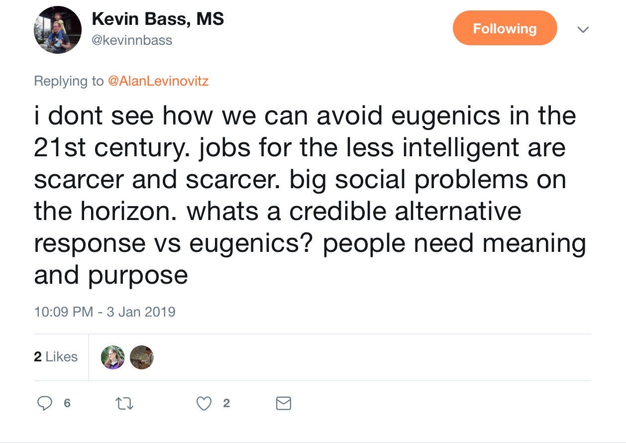 A Kevin Bass tweet positing that eugenics is a positive for society.