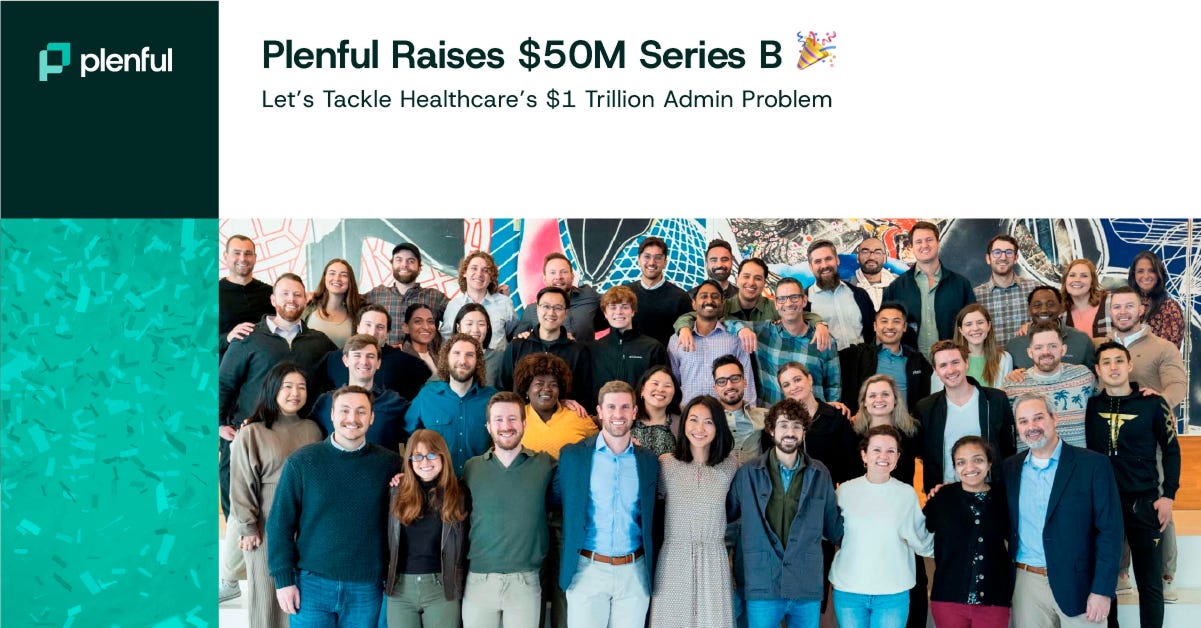 Promotional graphic announcing Plenful's $50M Series B funding round. The image shows the Plenful logo on the left against a teal background, while the right side displays the headline 'Plenful Raises $50M Series B 🎉' with the subtitle 'Let's Tackle Healthcare's $1 Trillion Admin Problem.' Below is a group photo of the Plenful team members standing together.