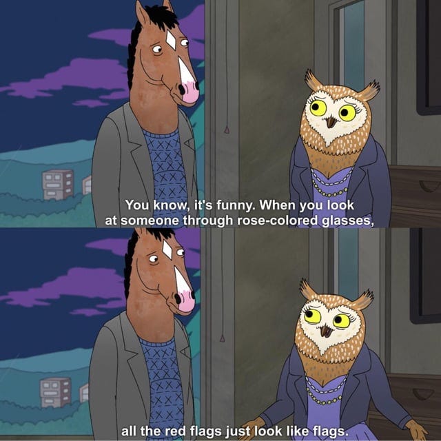 r/BoJackHorseman - You know, it's funny. When you look at through rose-colored glasses, all the red flags just look like flags.
