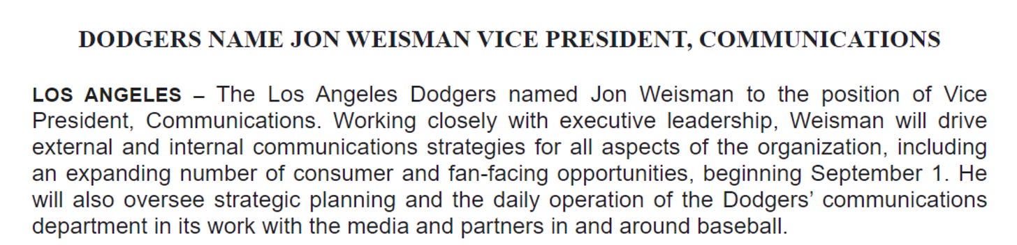 Press release from the Dodgers announcing Weisman's hiring as Vice president of communications