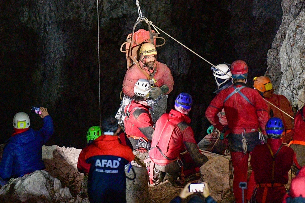Rescuers pulled an American researcher Mark Dickey out of Morca cave near Anamur, south Turkey, on early Tuesday, Sept. 12, 2023. Teams from across Europe had rushed to Morca cave in southern Turkey's Taurus Mountains to aid Dickey, a 40-year-old experienced caver who became seriously ill on Sept. 2 with stomach bleeding.