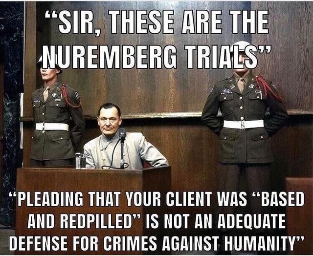 SIR, THESE ARE THE NUREMBERG TRIACS" "PLEADING THAT YOUR CLIENT WAS "BASED  AND REDPILLED" IS NOT AN ADEQUATE DEFENSE FOR CRIMES AGAINST HUMANITY" -  iFunny Brazil