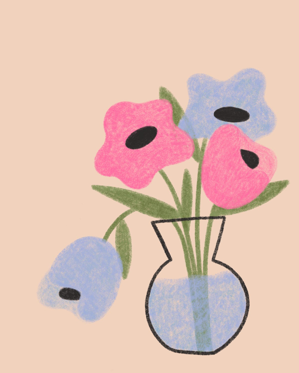 On a blank background is a vase, the outline in thick black pencil, it has a funnel-like top that tapers in and the base of the vase is round with a flat button. Inside the vase are four flowers and water. Two pink flowers and two periwinkle flowers with black centers. One of the light blue flowers is tilted downwards. All the flowers have olive green stems.