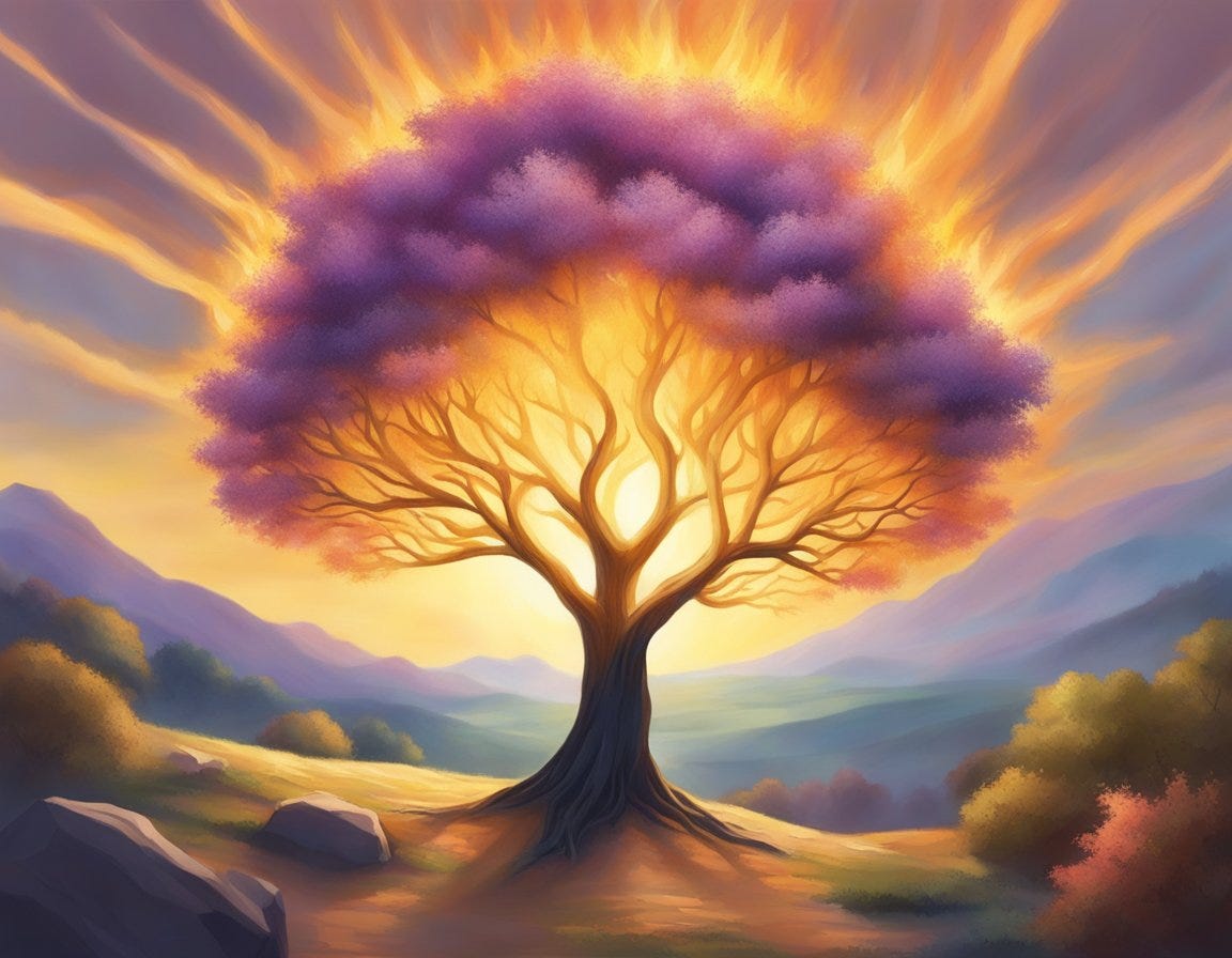 A burning bush emanates a bright light, surrounded by a sense of awe and wonder, symbolizing the miraculous events described in the Bible