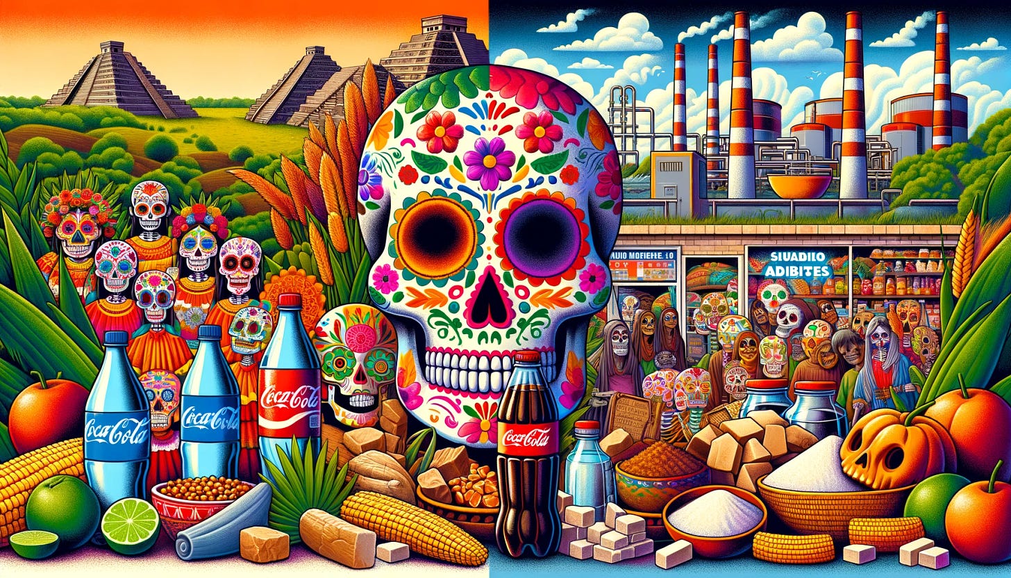 A vibrant Day of the Dead celebration on one side, featuring colorful sugar skulls and traditional offerings, contrasts with modern dietary habits on the other, showcasing bottles of Coca-Cola, and foods made from maize, sugarcane, and wheat. The background splits between ancient Mexican pyramids or ruins and lush landscapes representing the cultural depth, and a modern scene with factories producing sugary products and a convenience store with bottled water and Coke priced differently. Symbolic elements include native plants and imagery representing health issues associated with high sugar intake, like symbols of diabetes. The image balances vibrant Mexican cultural colors with subdued tones to highlight public health concerns.