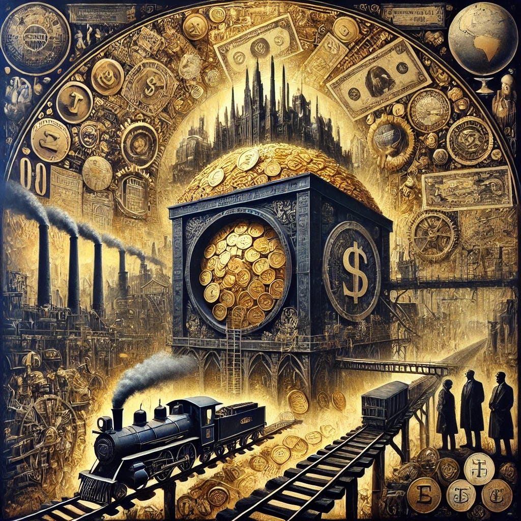 A grand, intricate oil painting depicting the symbolic power and influence of wealth across history. Central to the scene is a large, darkened vault with golden coins spilling out, symbolizing accumulated wealth. Surrounding the vault is a complex network of symbols representing various industries: railway tracks leading toward smokestacks, a globe representing global reach, and shadowy political figures in the background overseeing industrial scenes. Faint images of old stock certificates, machinery, and currency notes are layered subtly, adding depth and a sense of historical control over finance and industry. The color palette is rich and bold, with dominant shades of gold, black, and muted reds, using expressive brushstrokes to convey the gravitas and legacy of power.