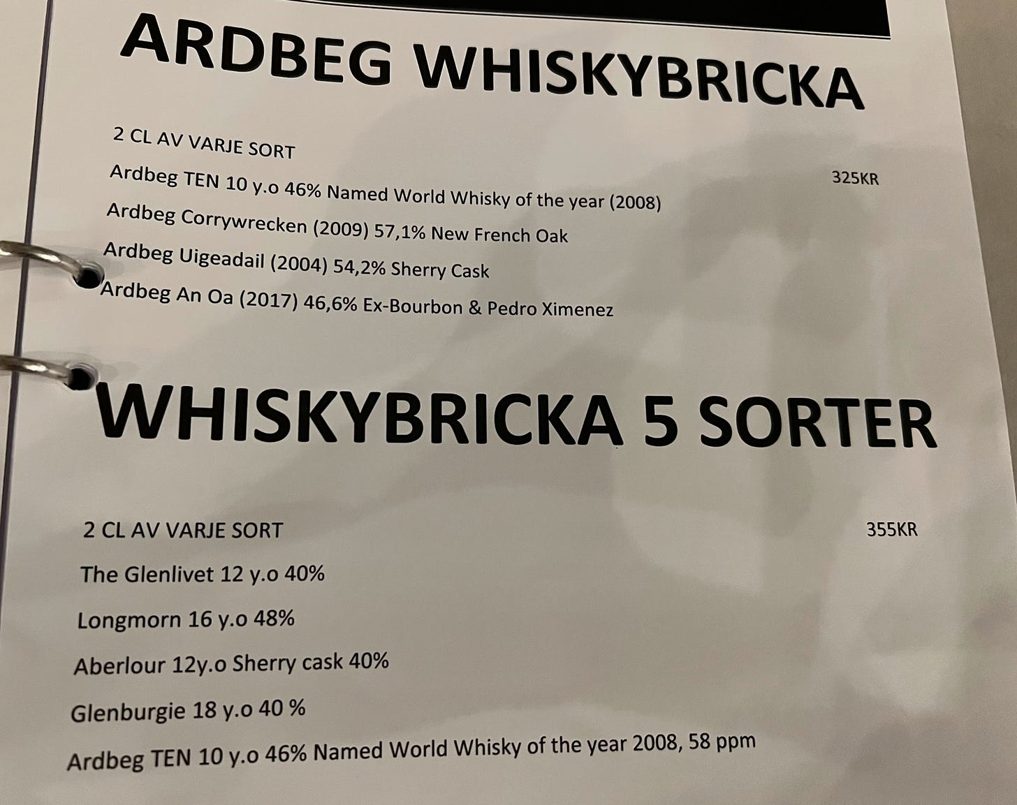 Menu page showing two different whiskybricka