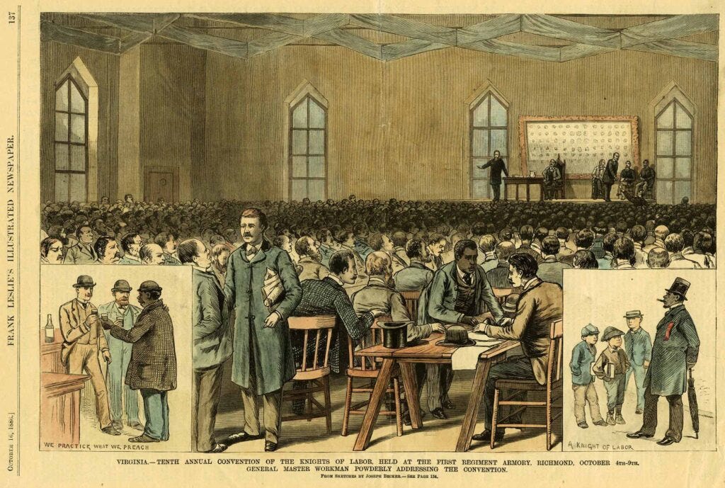 Newspaper image from Frank Leslie's Illustrated Newspaper. Large gathering of men all seated with 6 men on stage. One man is addressing the crowd. Newspaper image from Frank Leslie's Illustrated Newspaper. Large gathering of men all seated with 6 men on stage. One man is addressing the crowd.