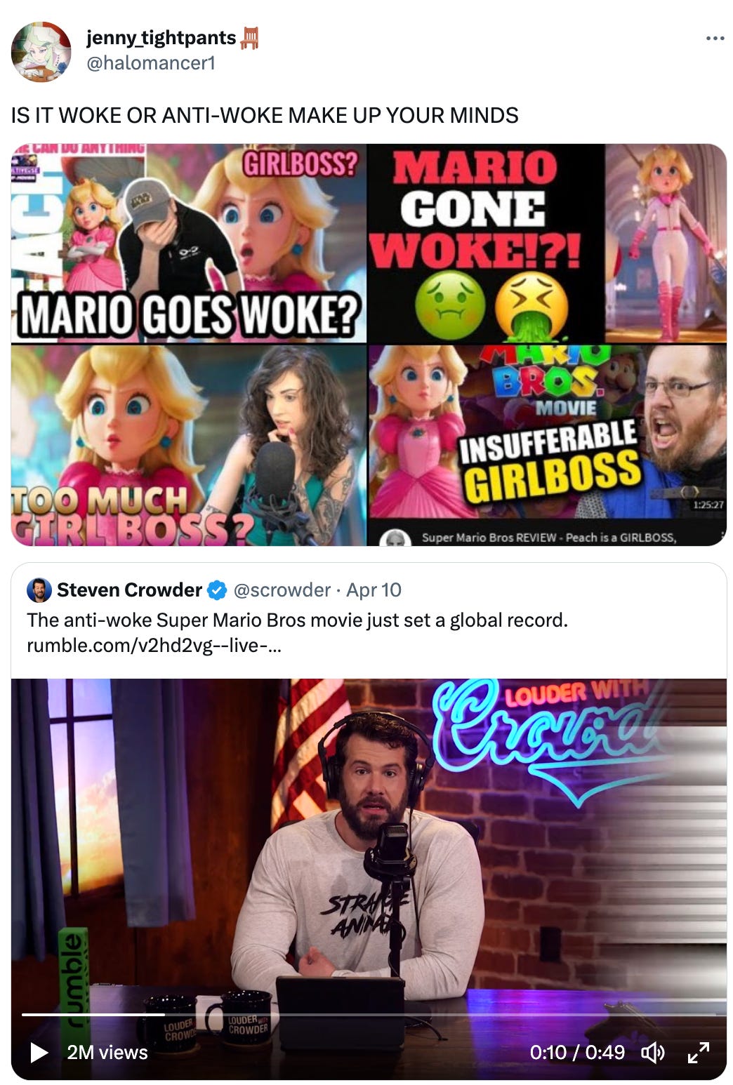 Screenshots of tweets bashing Princess Peach for being too much of a "girl boss."