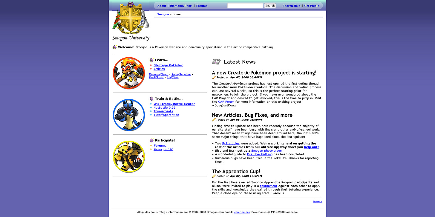 Smogon’s website layout in April 2008