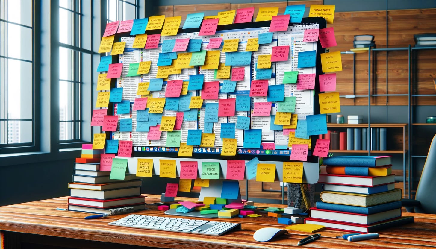 A computer monitor covered in sticky notes, books stacked on either side