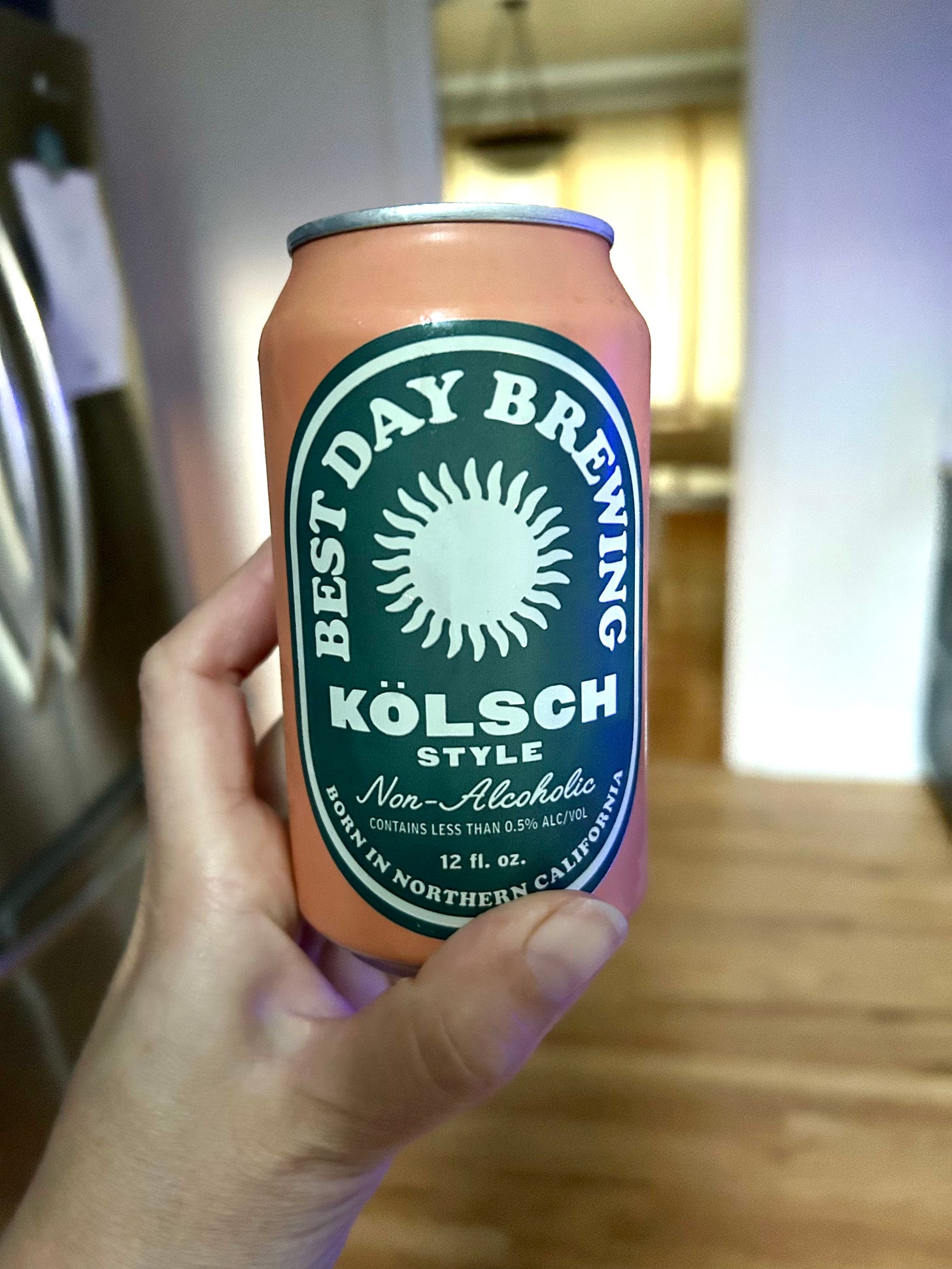 Image shows a hand holding a can of Best Day Brewing’s Kölsch-style beer with the front of the can showing. 