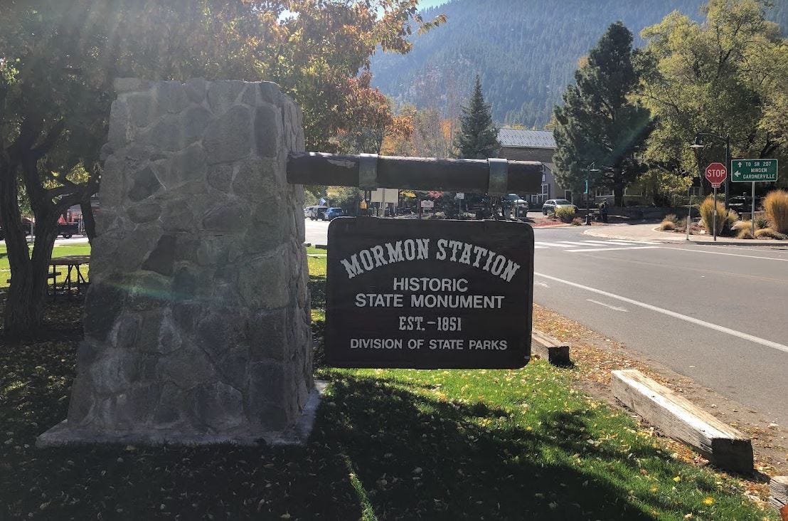 Sign reads: Mormon Station Historic State Monument