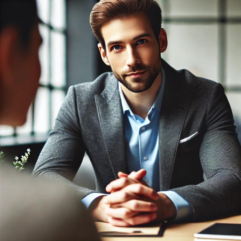 A close-up photograph of a leader in a one-on-one conversation with a team member in a modern office setting. The leader is leaning slightly forward, making direct eye contact, and nodding attentively, symbolizing active listening and empathy. The team member looks comfortable and engaged. Both are dressed in business casual attire, and there are subtle background elements such as a laptop and a notepad on a table, with natural light streaming in through a nearby window.