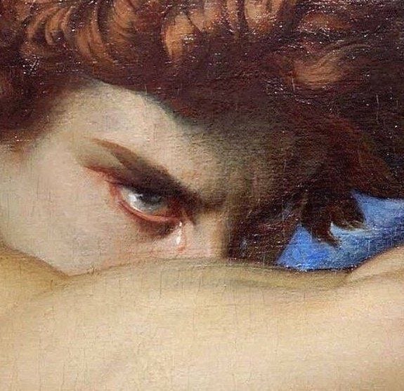 This may contain: a painting of a young man with red hair and blue eyes, holding his arm over his head