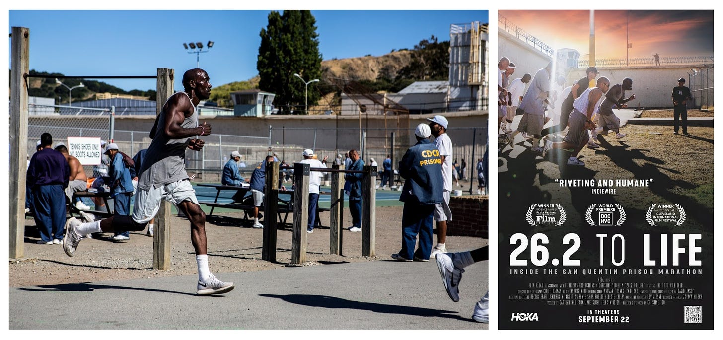 Composite image of Markelle Taylor running the San Quentin Marathon on the left and the theatrical poster for 26.2 to Life on the right.