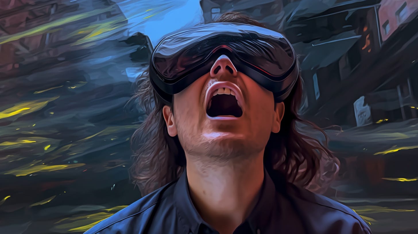 AI generated image of a man wearing a VR headset and screaming with the mouth open.