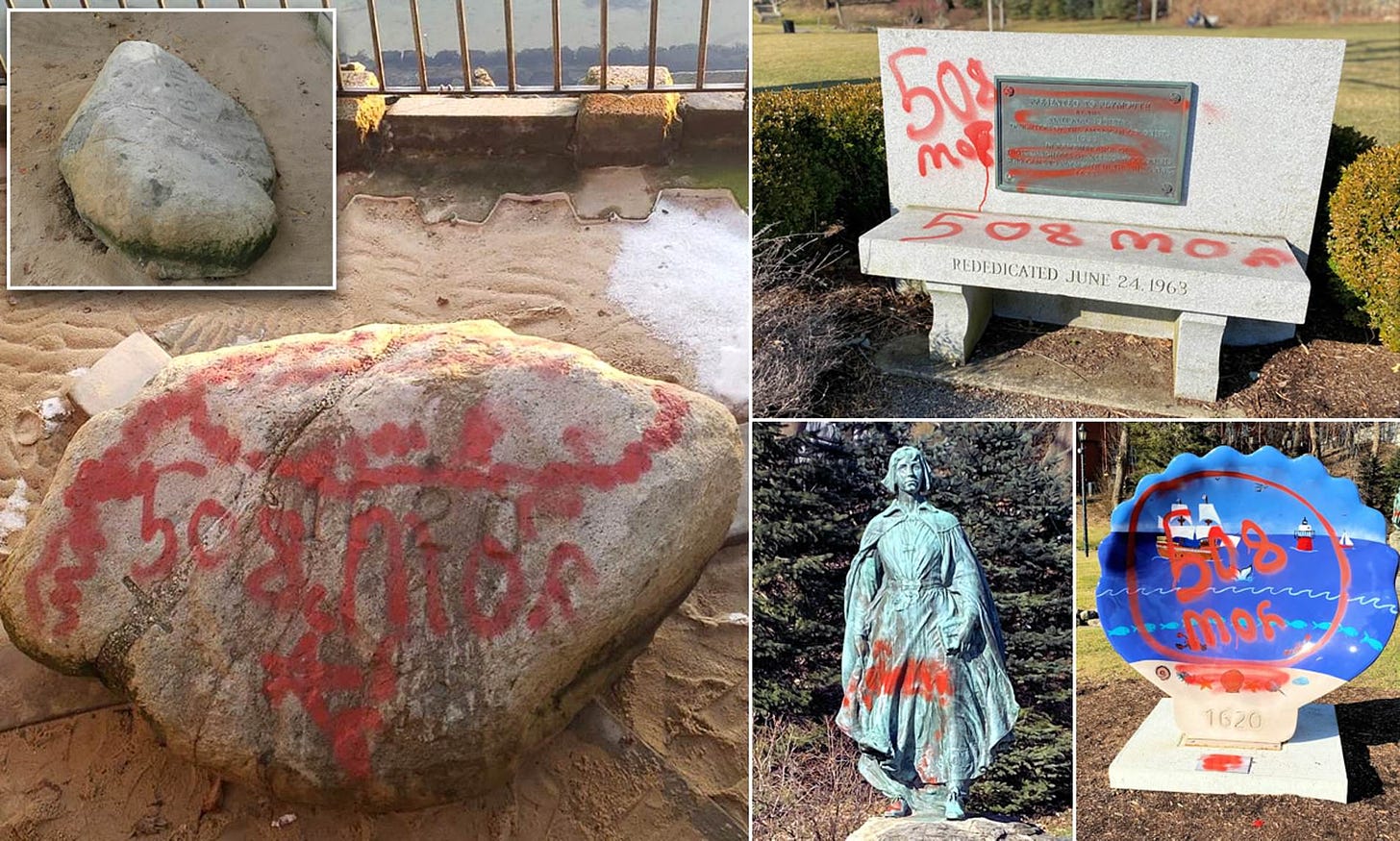 Vandals cover Plymouth Rock in red graffiti | Daily Mail Online