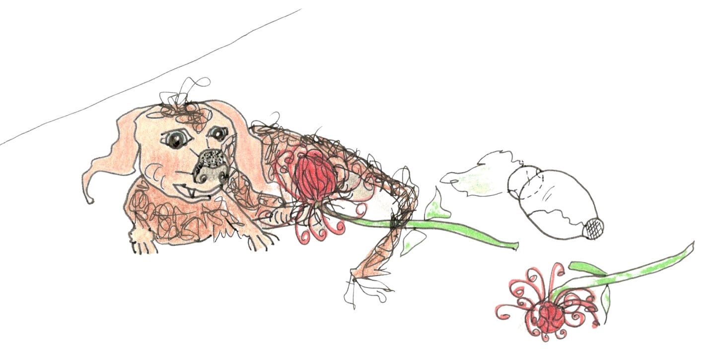 a cute drawing of a dog who's toppled a vase of flowers