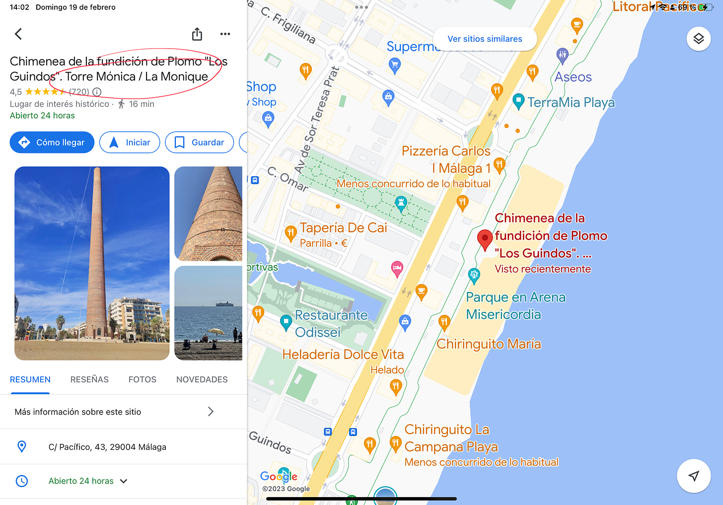 captura de Google Maps con Torre Mónica en los resultados de búsqueda