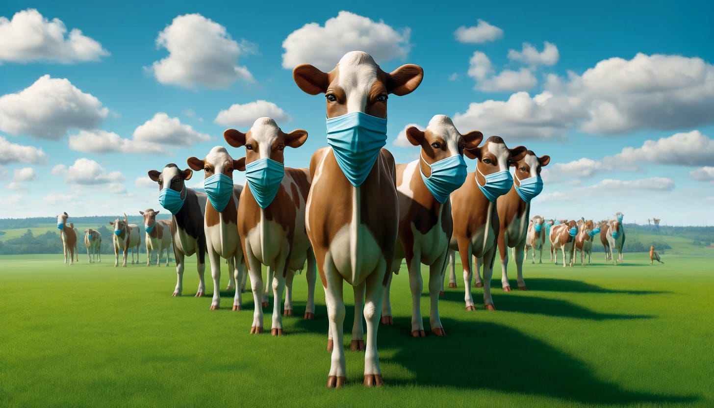 A superrealistic image of a herd of cows standing in a green pasture. Each cow is wearing a blue cloth facemask. The background includes a clear blue sky with a few fluffy white clouds, and some trees in the distance. The cows look healthy and content, with their masks fitting snugly around their faces. The sunlight casts natural shadows, enhancing the realism of the scene.