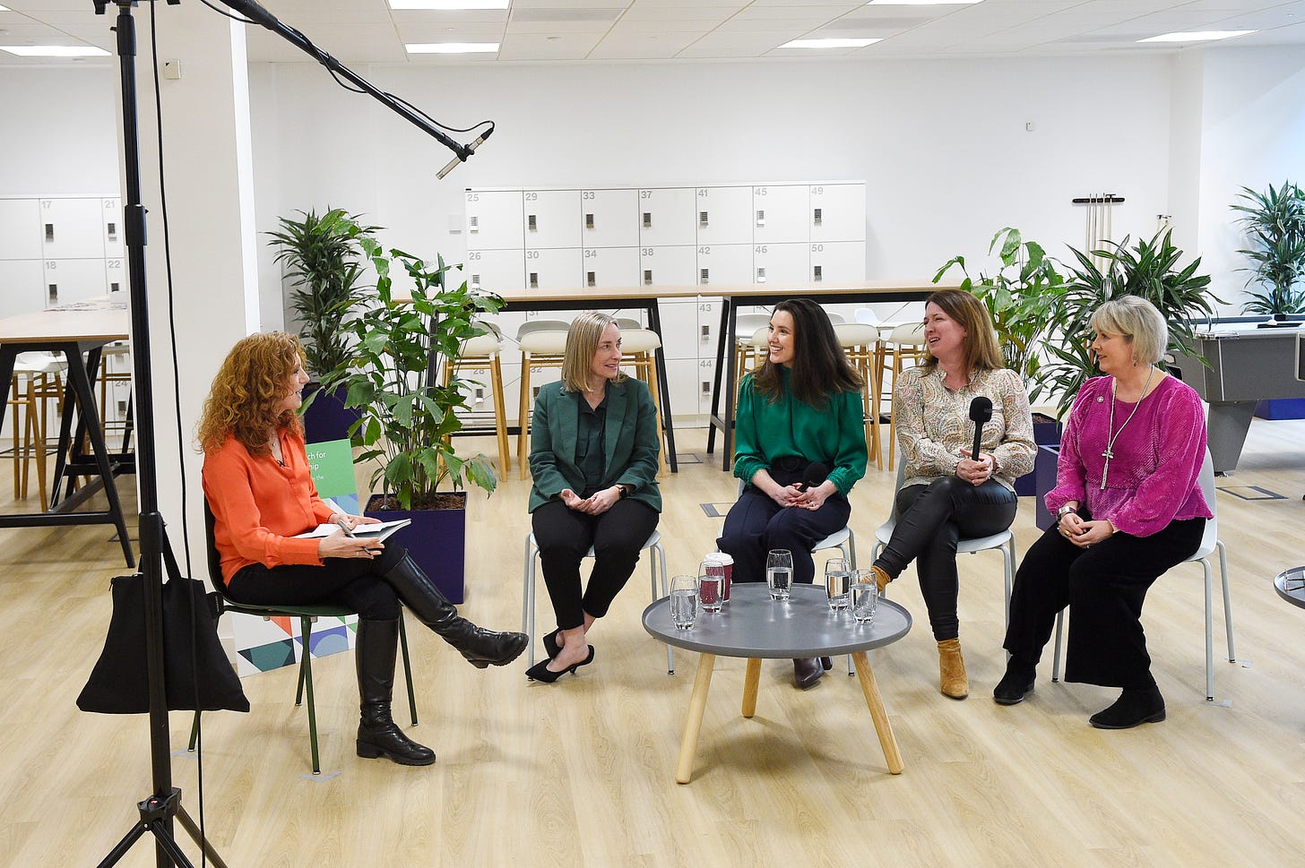 Photo shows a panel discussion between Vanessa Collingridge, Ana Stewart, Sarah Ronald, Carolyn Jameson and Eleanor Shaw on the challenges facing women in business