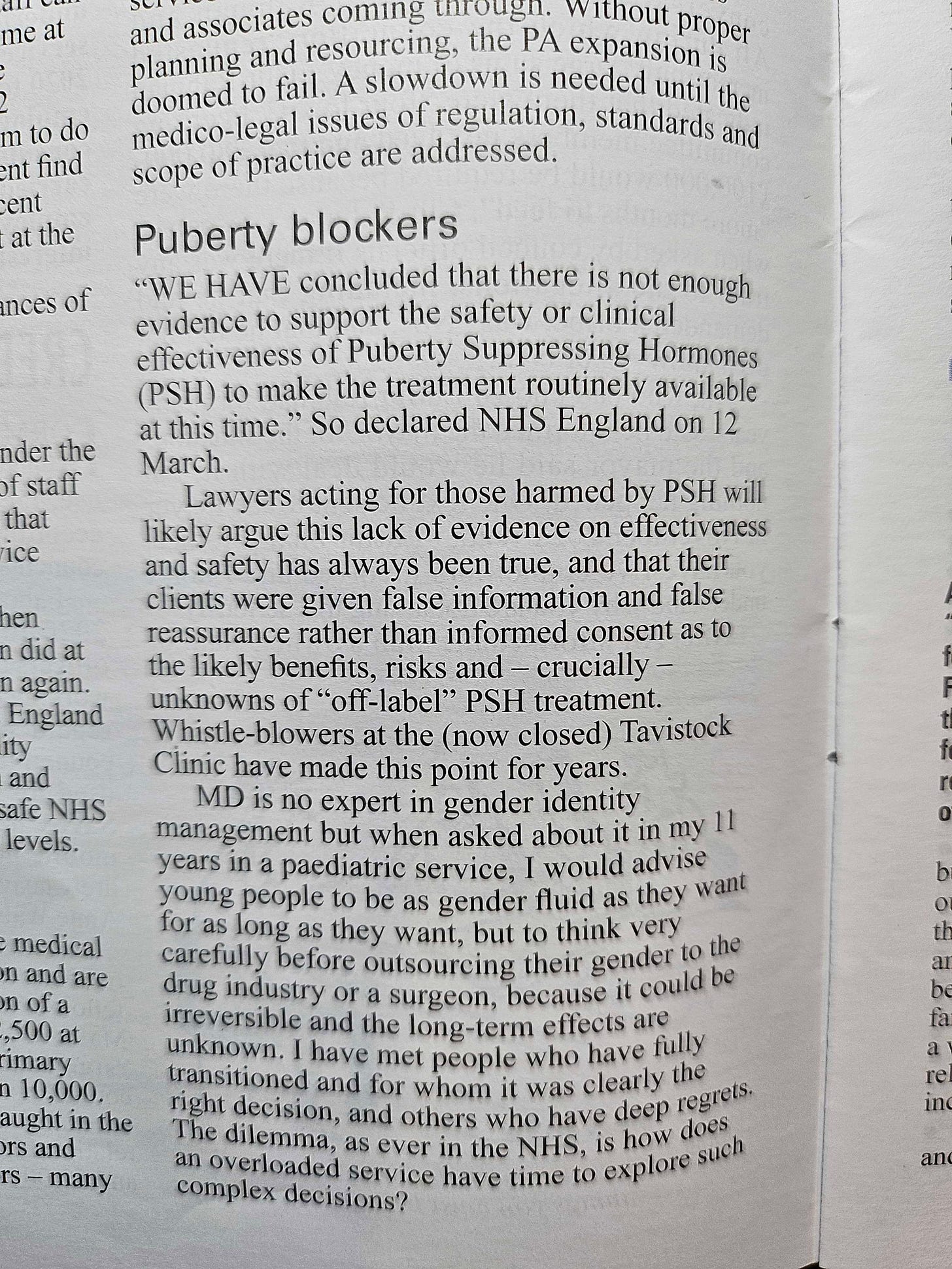 Piece on puberty blockers in Private EYe my MD that shows a deep lack of knowledge and understanding on the issue as well as numerous assumptions without evidence and anecdotal evidence offered up as proof